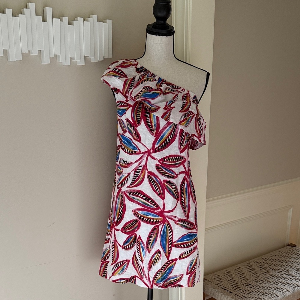 J. Crew One-Shoulder Linen Blend Leaf Print Dress Women's XXS
